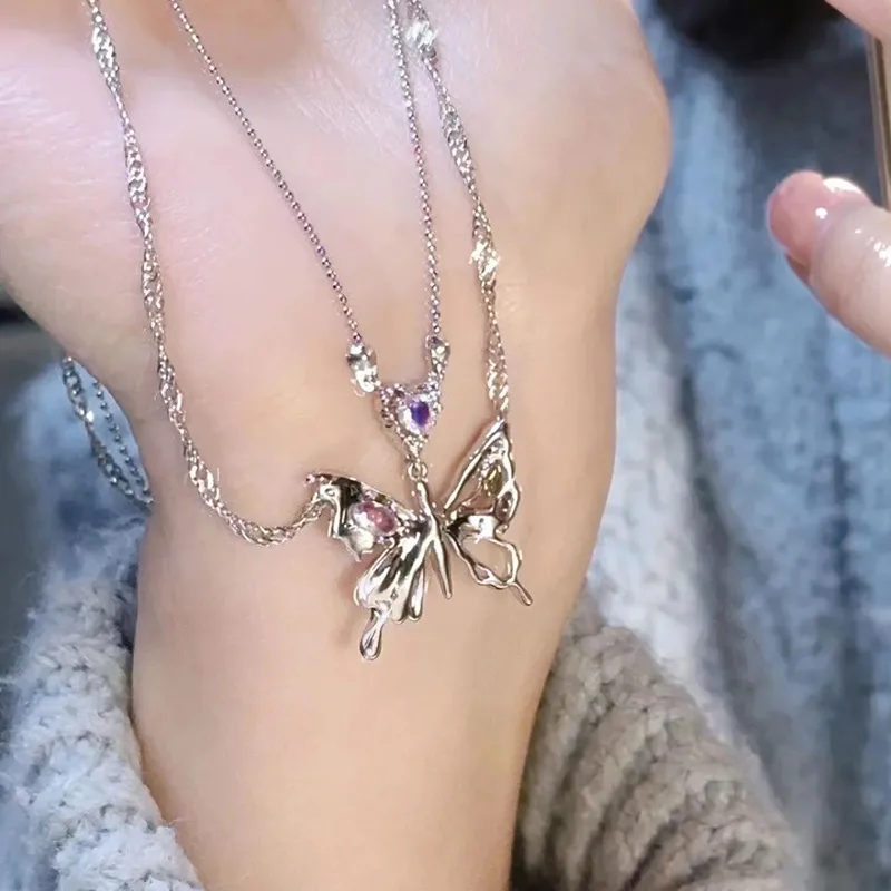 Collier avec pendentif en forme de cœur et de papillon en cristal de couleur argent pour femme, chaîne de clavicule à double couche, tendance et tendance_voghion.com