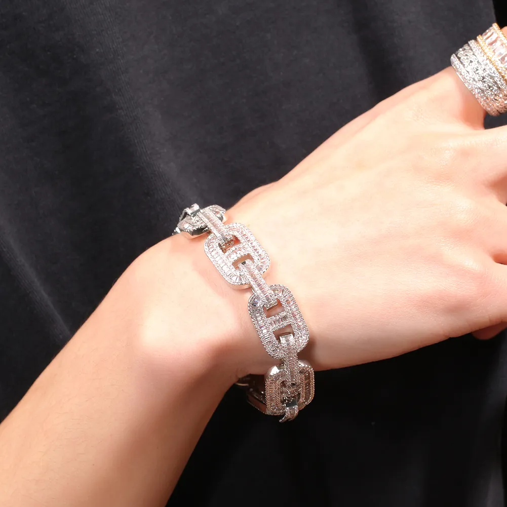New Fashion Baguette CZ Bracelets 15mm Miami Cuban Link chain Mens Bangles Iced Out Gold Sier Color Box Clasp Hip Hop_voghion.com