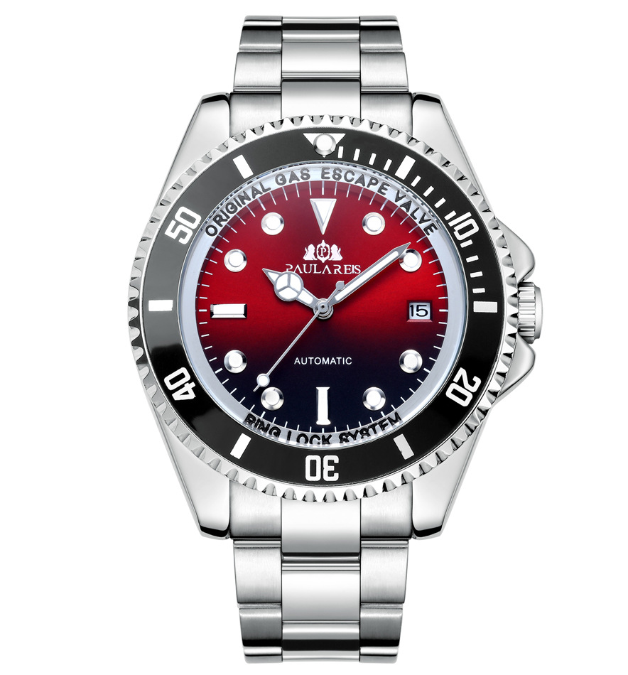 Vollautomatische mechanische Herrenuhr mit Leuchtzeigern, massivem Edelstahlarmband, blauem, rotem und grünem Zifferblatt. AUTOMATIKUHR_voghion.com