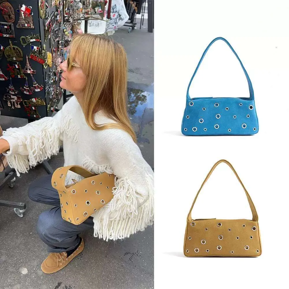 Sac à main en daim de créateur rétro à bandoulière avec rivets, couleur unie, sac à aisselle tendance_voghion.com