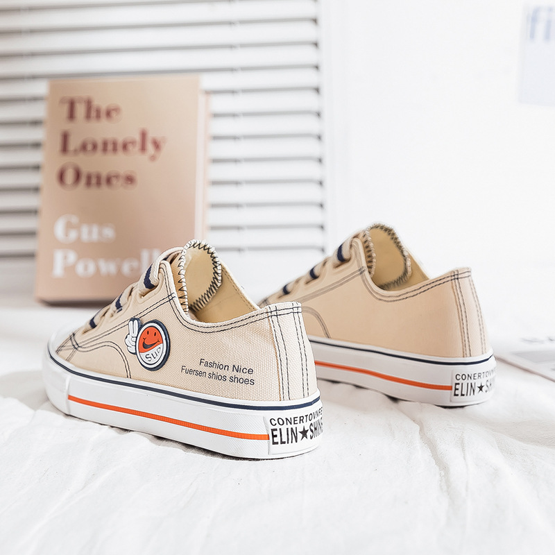 Elastic Band Smiling Face Canvas for Women Summer and Autumn Students Versatile Little White 2024 New One Step Lazy_voghion.com