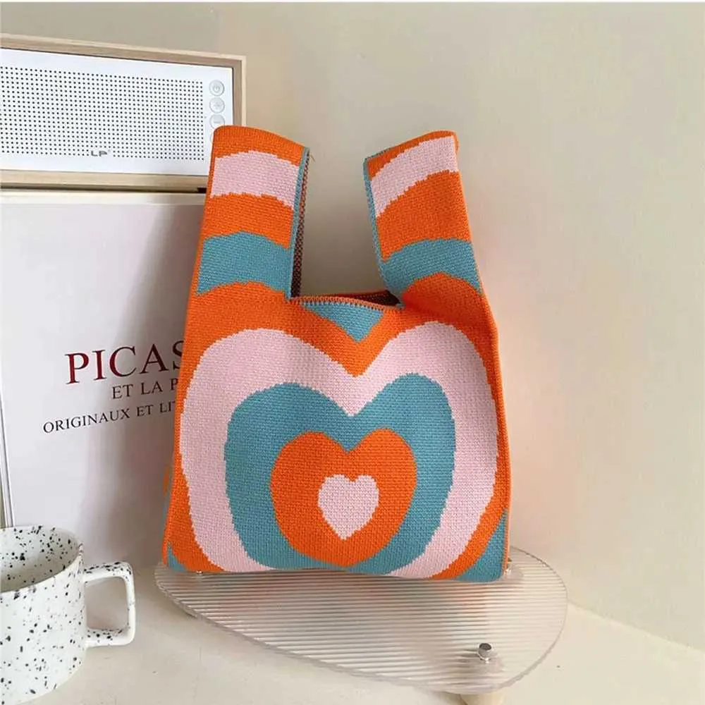 Leisure mini knot wrist handmade knitted colorful plain weave handbag student reusable shopping bag Y241106_voghion.com