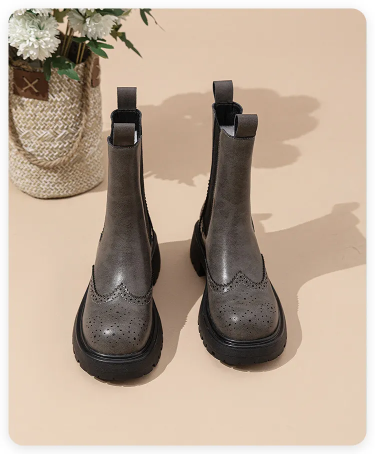 Echte Leder Brogue Chelsea Boots Für Damen Mit Dickem Absatz_voghion.com