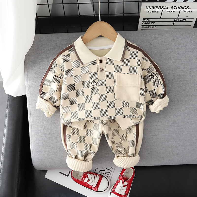 Baby clothes checkered hoodie two-piece 1-4 year old baby and children set, live broadcast