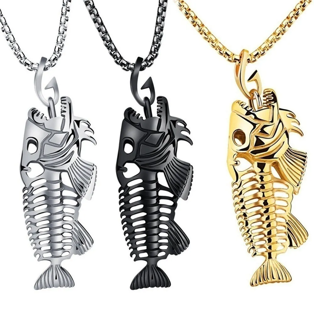 Collier pendentif squelette de poisson en os unisexe chaîne de surfeur bijoux de couleur argent_voghion.com