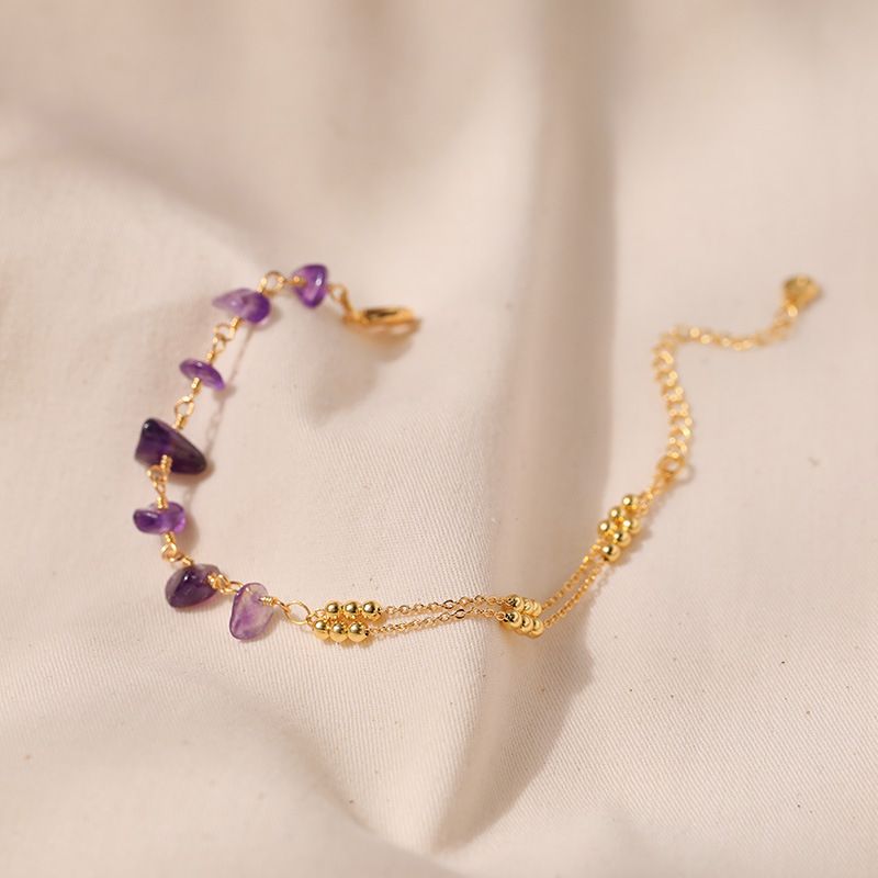 Purple Natural Crystal Gravel Splicing Design Luck Beads Ball Chain K Real Gold Plated Bracelet_voghion.com