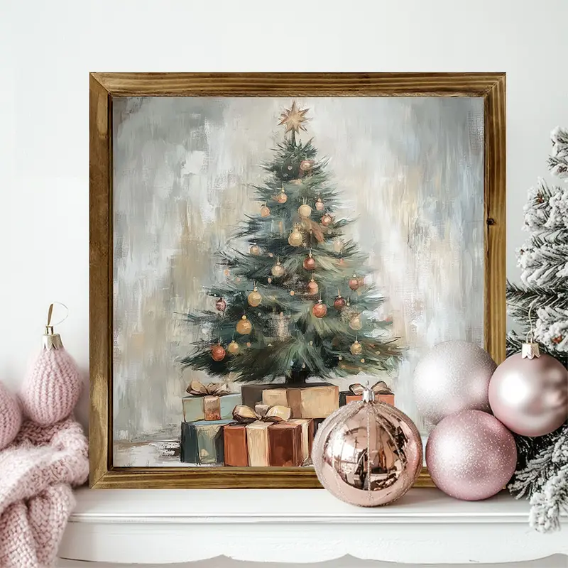 Semn rustic din lemn cu model de brad de Crăciun de 20x20 cm - Artă murală vintage cu design rustic pentru casă/birou, ușoară și lustruită, cadou de decor pentru birou de sărbători_voghion.com