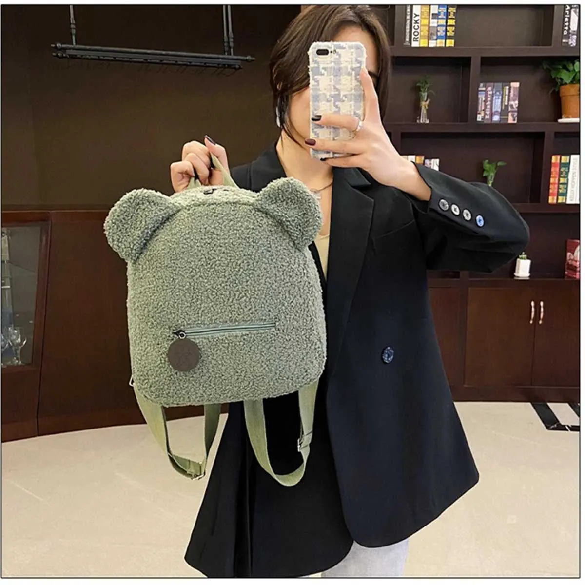 Plüsch Damentasche Herbst und Winter neue koreanische Version süßer kleiner Bär Ohr Rucksack Mädchen Eltern-Kind-Tasche-LJXC241217_voghion.com