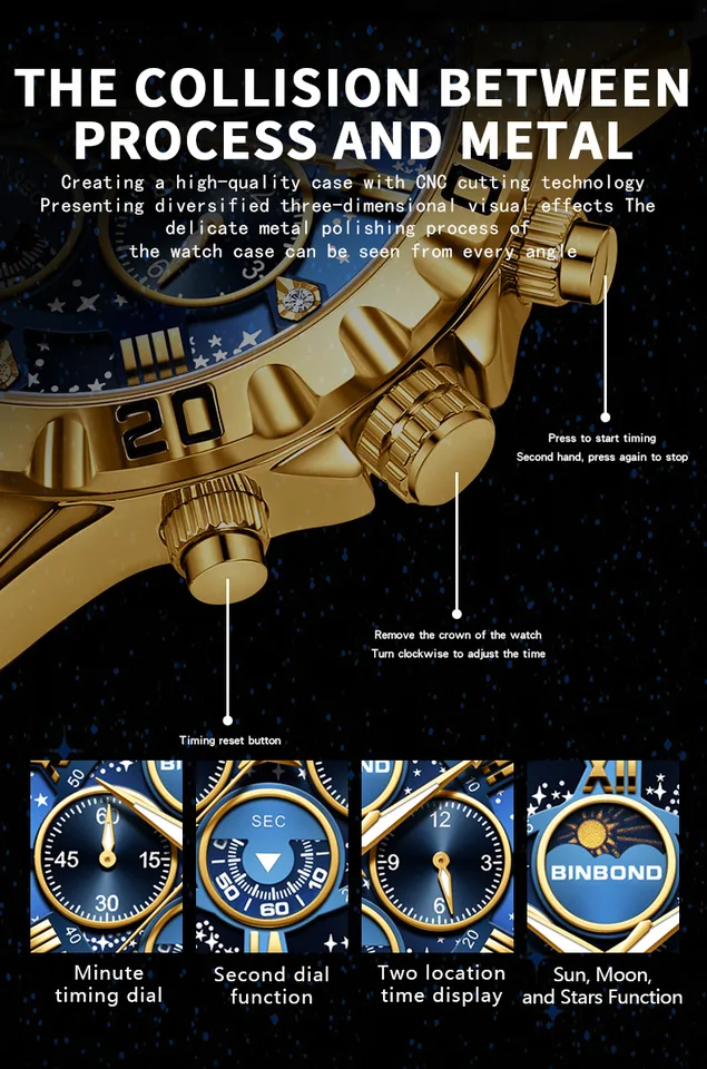 Montre homme quartz multifonction phase de lune acier doré_voghion.com