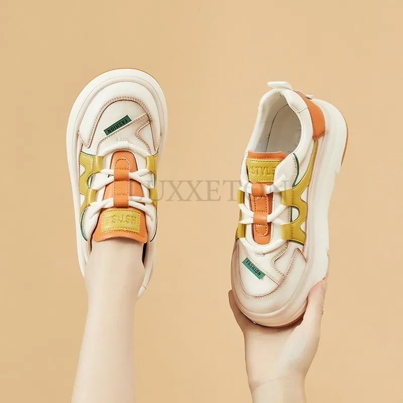 Genuine Leather Thick Soled Round Toe Low Top Skateboarding Casual Fashionable Versatile And Cute Sports Shoes_voghion.com