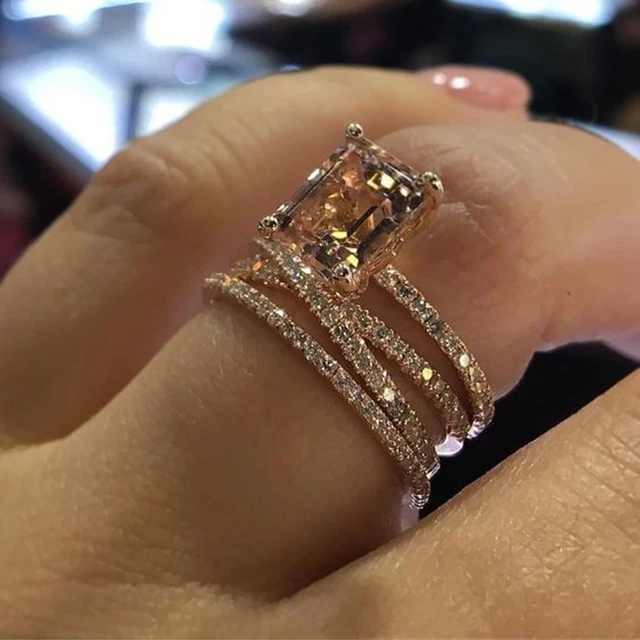 Anel Bague de cristal champanhe para mulheres, joias de casamento em ouro rosa e morganita multicamadas prontas para estoque_voghion.com