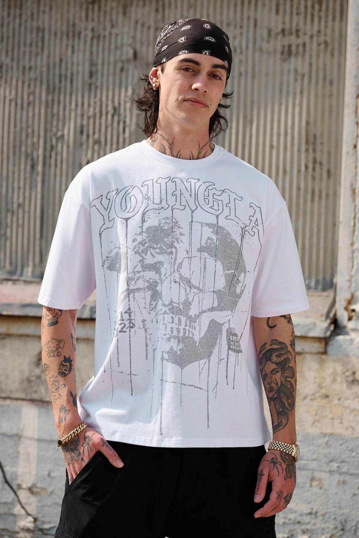 T-shirt ample à manches courtes pour hommes, motif crâne d'été américain transfrontalier, en coton, col rond, fitness, course à pied, sport, manches courtes, hommes_voghion.com