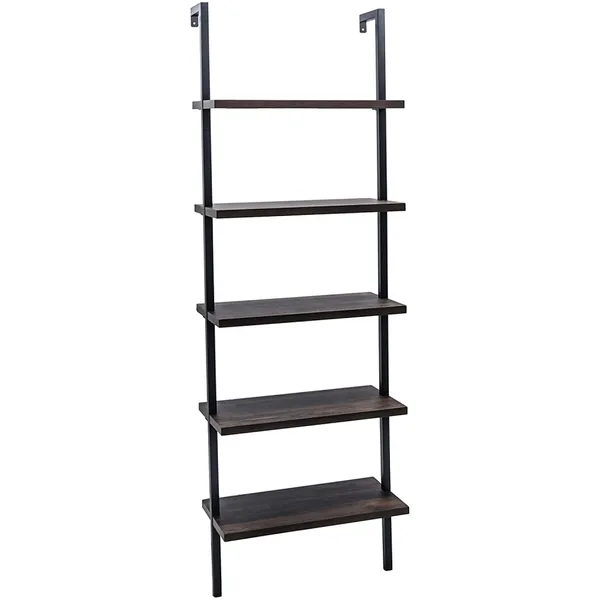 5-Shelf Wood Ladder Bookcase With Metal Frame Industrial 5-Tier Modern Ladder Shelf_voghion.com