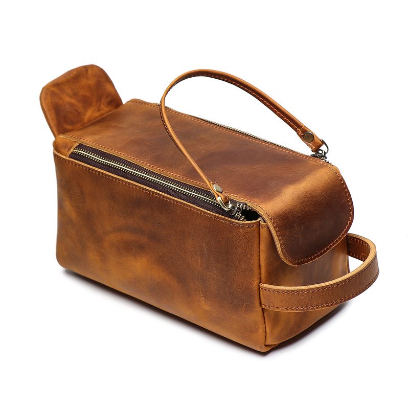 Multifunktionale Retro-Lederhandtasche Herren-Make-up-Tasche, große Kapazität, Aufbewahrungstasche für Toilettenartikel_voghion.com