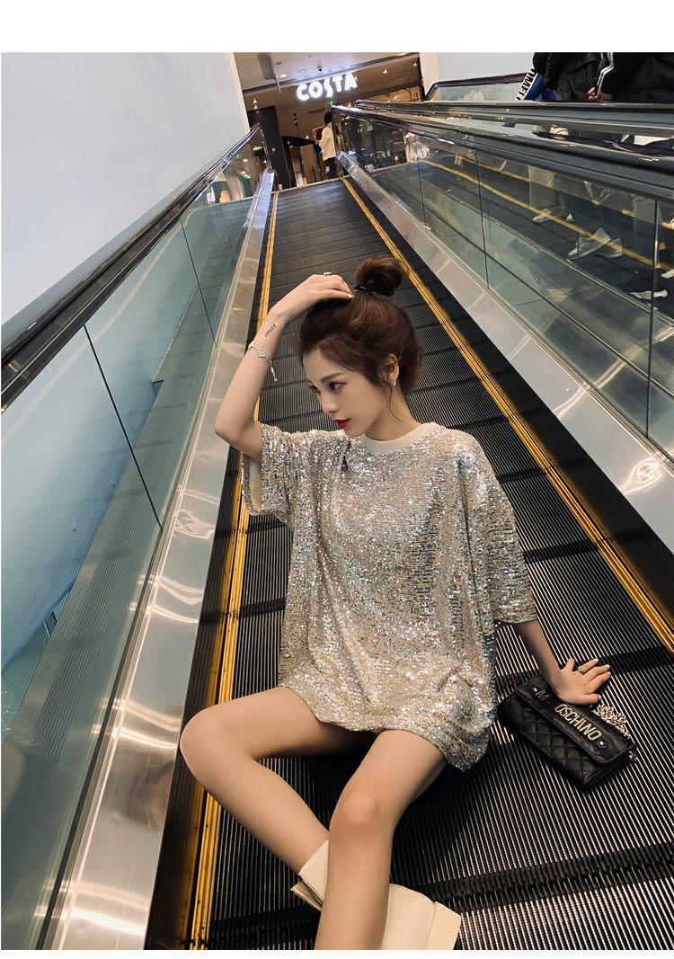 2025 Summer New Korean Edition Loose And Slim Shining Heavy Industry Blingbling Casual Short Sleeved T-shirt For Women_voghion.com