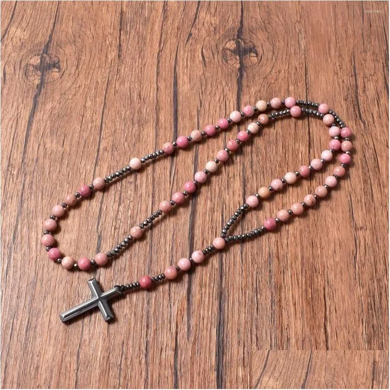 Rhodonite And Hematite Rosary Pendant Necklace For Men And Women_voghion.com
