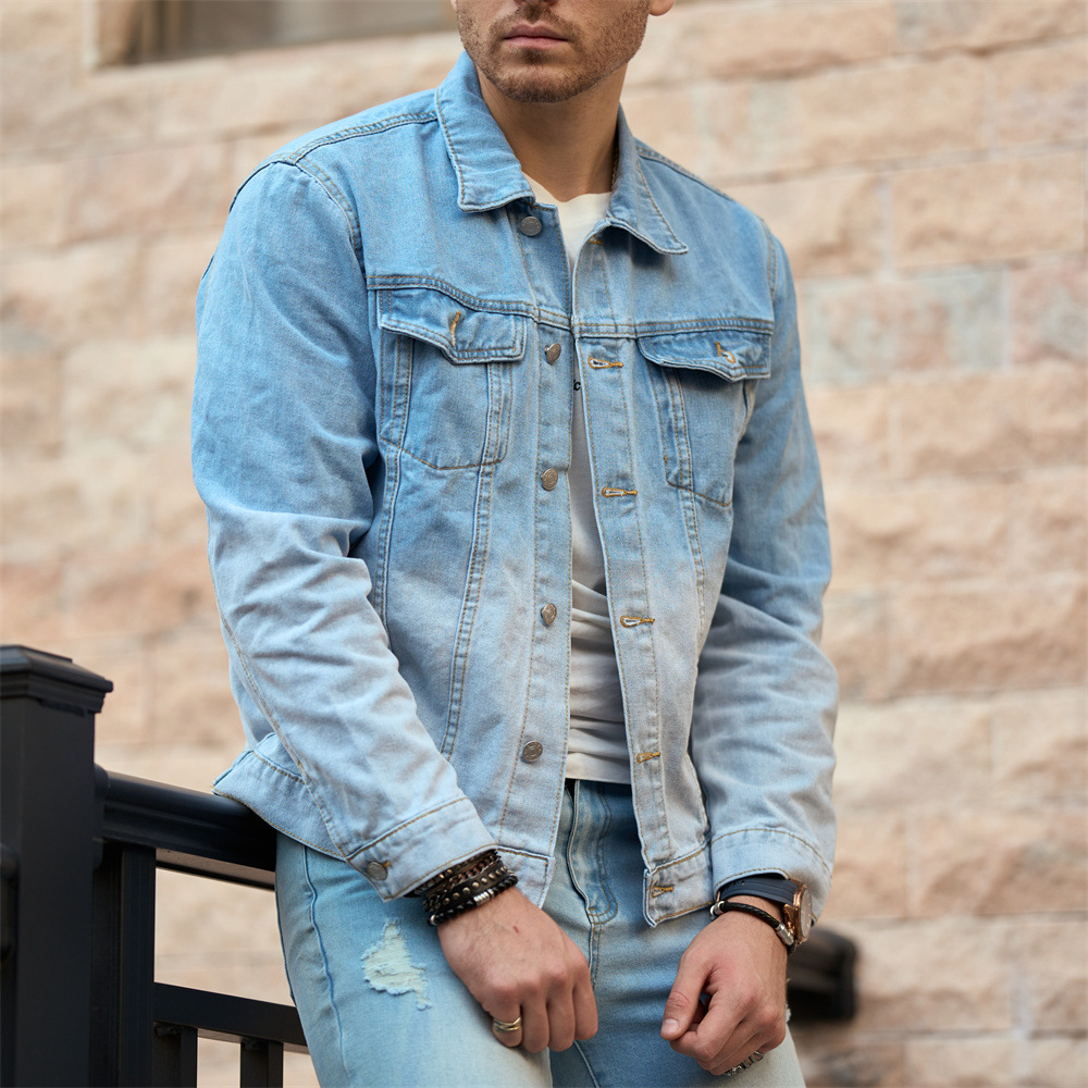Jachetă casual din denim, top bărbătesc nou, lejer și de toamnă, ținută de primăvară, tendință din denim cu guler pătrat_voghion.com