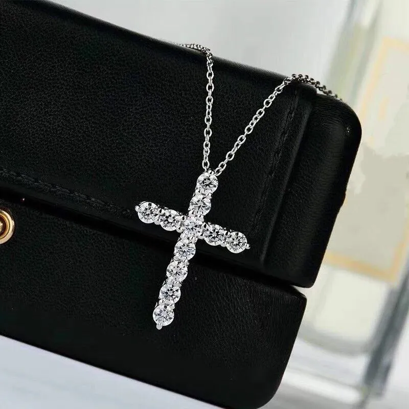 Collane con ciondolo a croce placcate in argento sterling per donna, con catena a maglie in cristallo di diamante scintillante_voghion.com