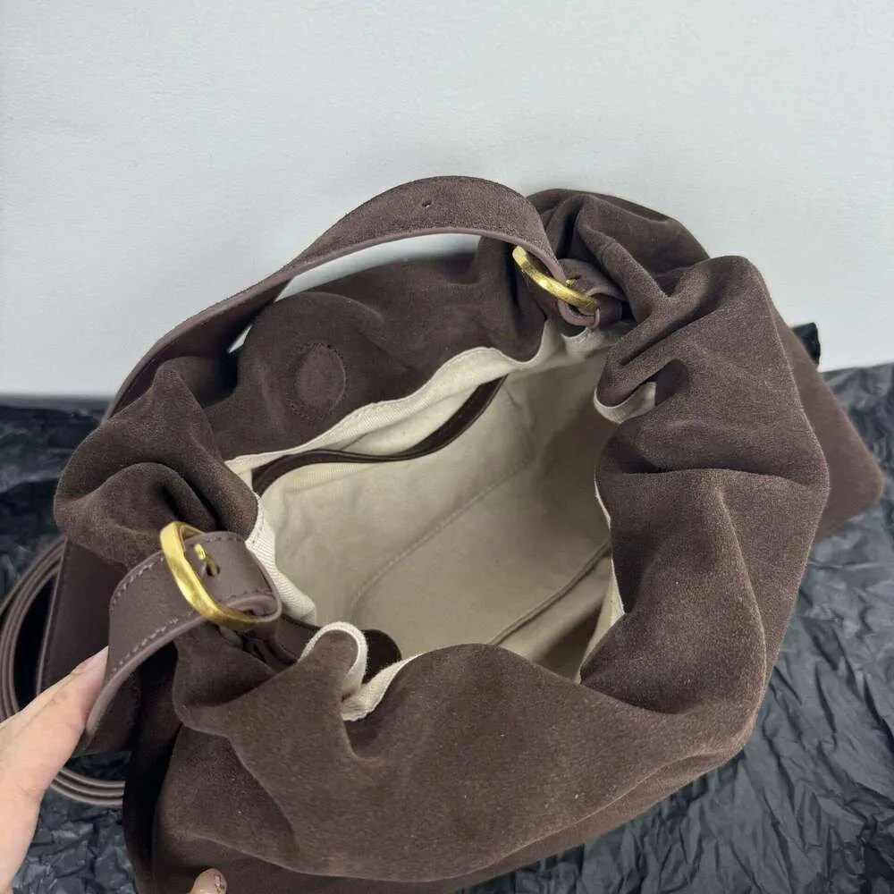 Borsa a tracolla da donna in pelle scamosciata opaca con 2 cinturini, in pelle di mucca scamosciata, stile coreano, con arricciature, color caffè kakhi_voghion.com