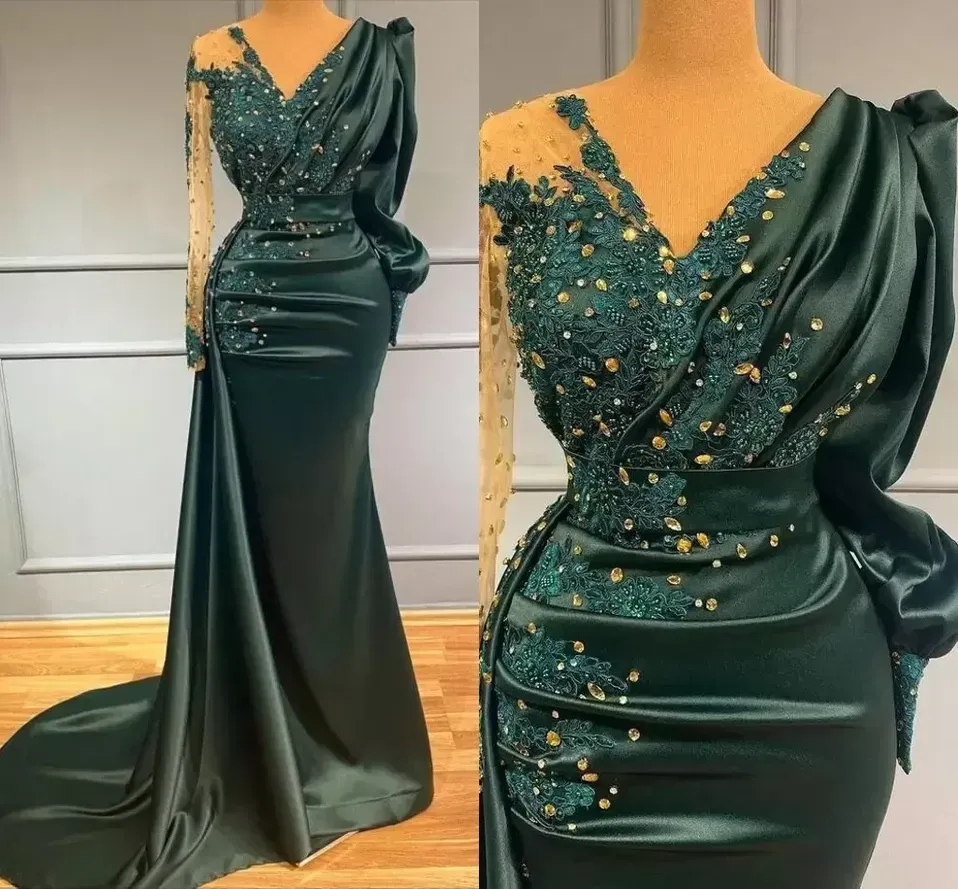 Stunning Dark Green Mermaid Evening Dresses Sexy V Neck Beads Appliques Crystals Pleats Top Sheer Sleeves Long Party Ocn_voghion.com