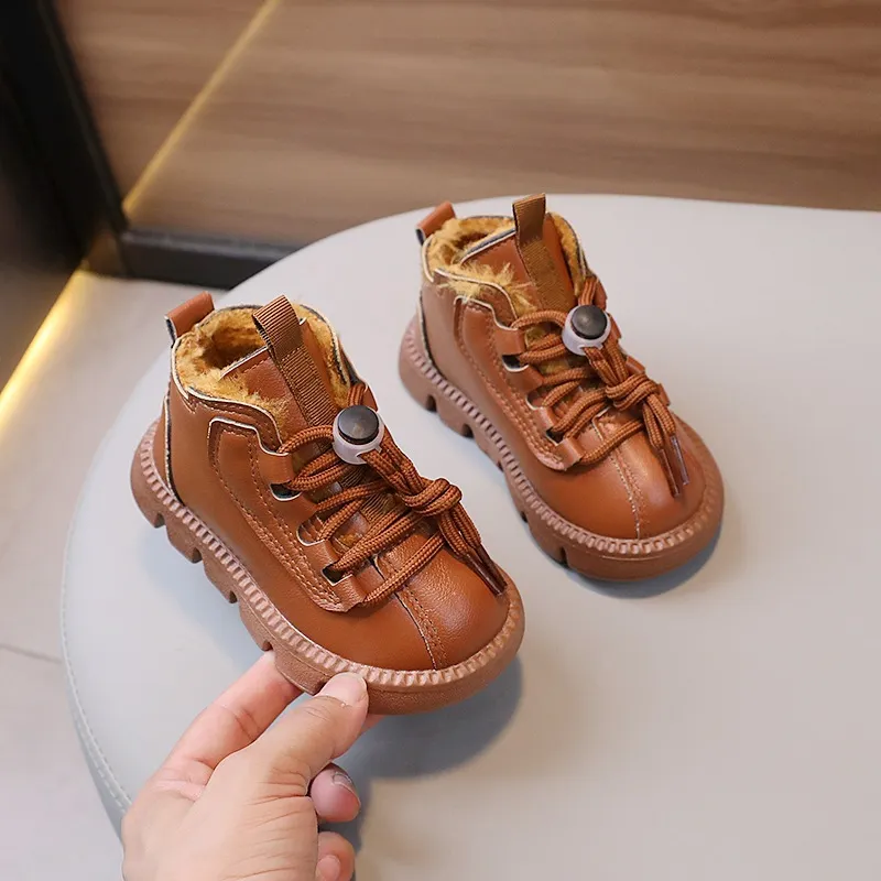 Botas cortas impermeables de cuero Happysteps para niños, zapatos de algodón cálidos y gruesos de felpa para la nieve, de invierno, a la moda, de cuero para niños pequeños_voghion.com