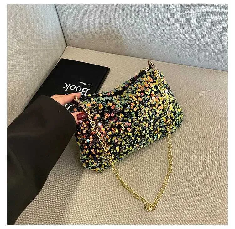 Sac à bandoulière à chaîne simple INS couleur unie paillettes sac à bandoulière portefeuille mobile sac à main de nuit Y241019_voghion.com