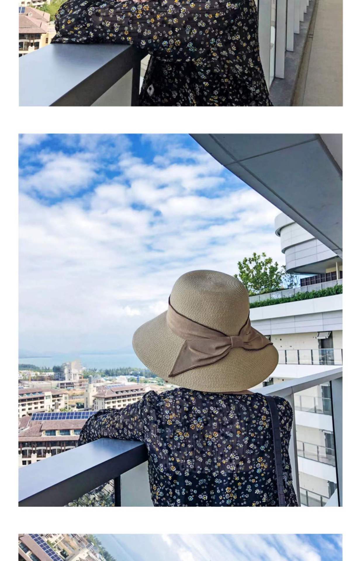 Celebrità di Internet Instagram da donna in paglia, spiaggia pieghevole per l'estate, cappello da sole da pescatore con fiocco per ombreggiatura del viso, cappello da bacino_voghion.com