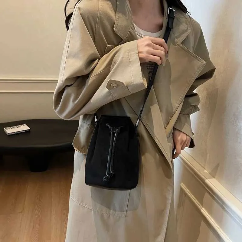 Suede Drstring Small Shoulder Bag Dark BrownC241217_voghion.com