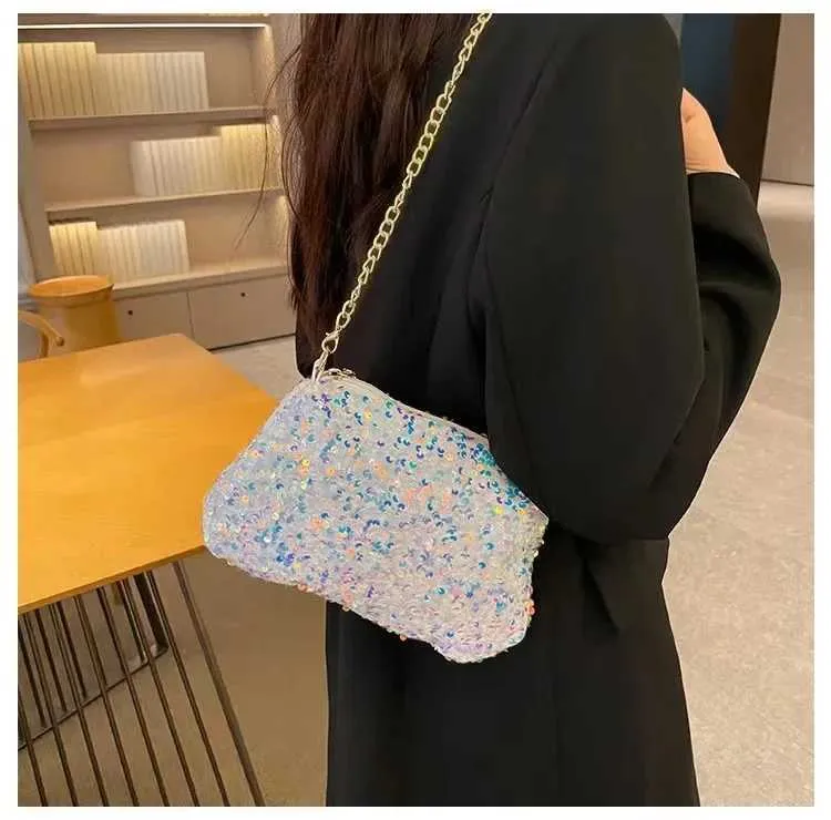Sac à bandoulière à chaîne simple INS couleur unie paillettes sac à bandoulière portefeuille mobile sac à main de nuit Y241019_voghion.com