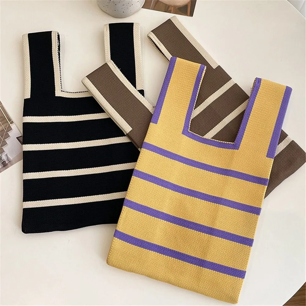 1PC Women Mini Handbag Handmade Knit Knot Wrist Japanese Color Wide Stripe Plaid Tote Bag Student Reusable Shopping Bags_voghion.com