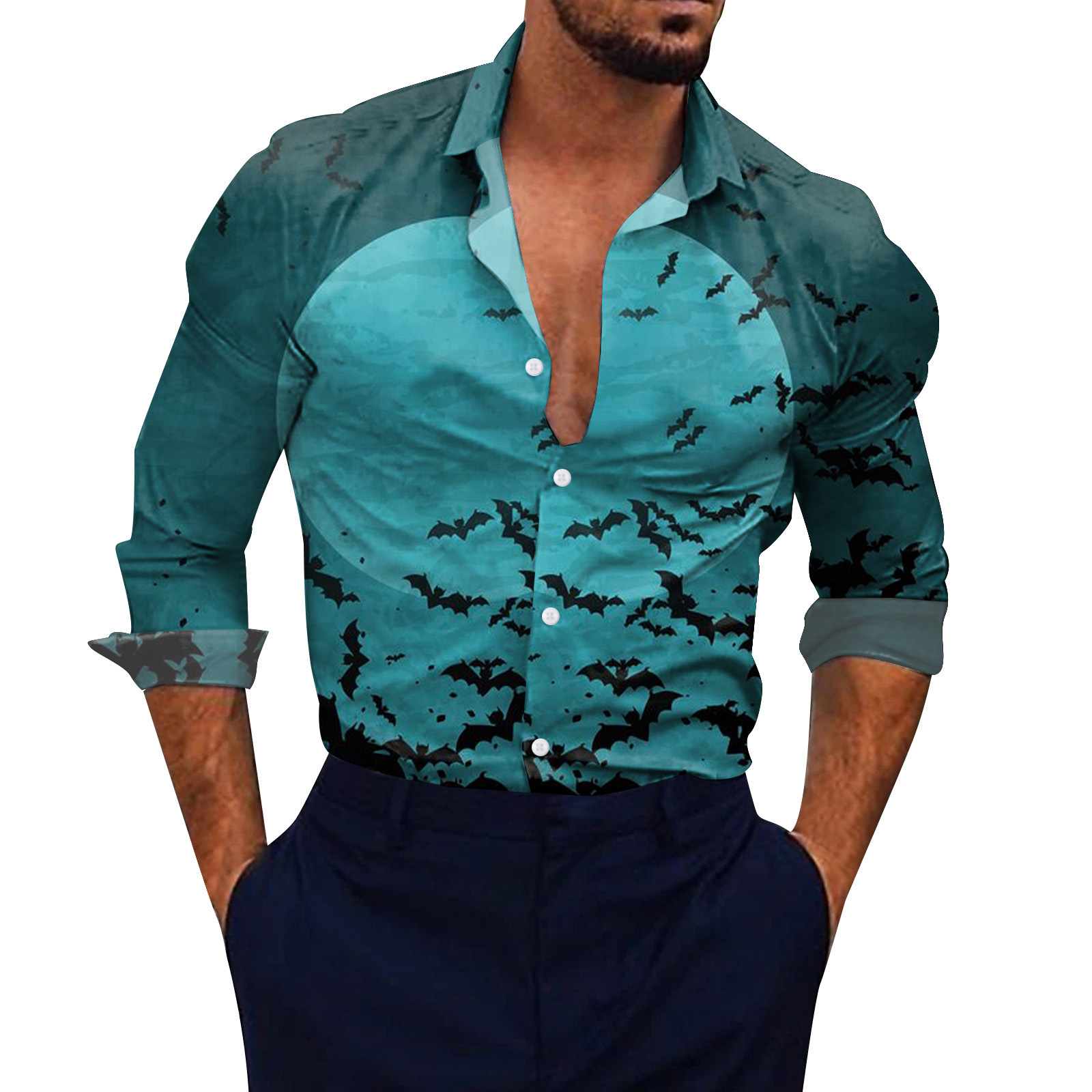 Maglietta da spiaggia ampia con stampa floreale in 3D, a maniche lunghe, da uomo, taglia USA, Halloween_voghion.com