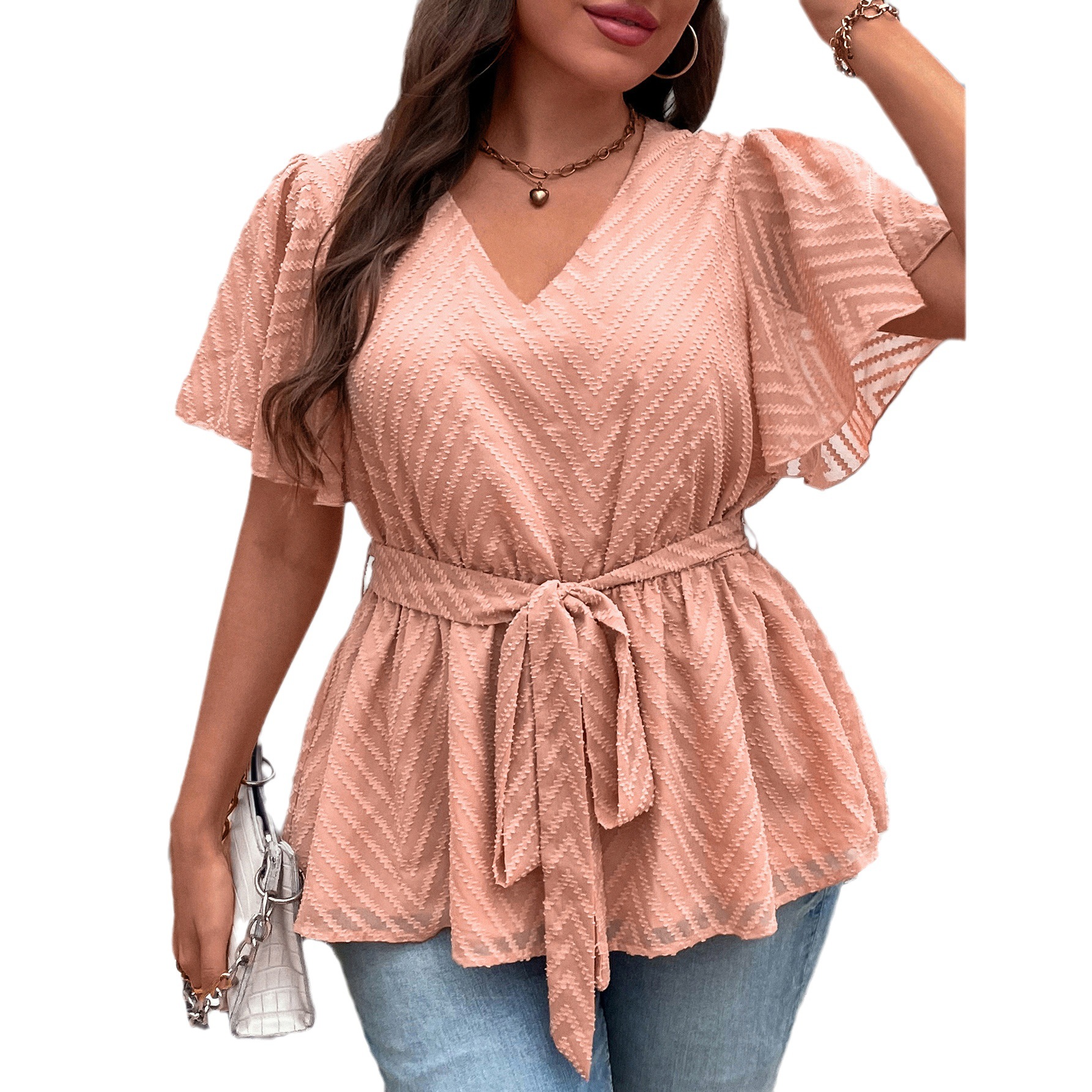 Women's cover belly new summer loose large size temperament V-neck top half short sleeve_voghion.com