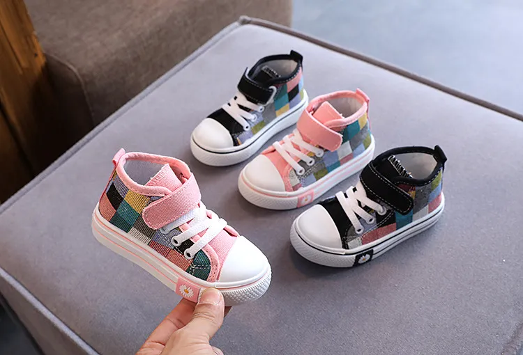 Children's Casual Shoes High Top Toddlers Kids Canvas Sneakers for Boys Girls Fashion Classic Checkered Soft Rubber Sole_voghion.com