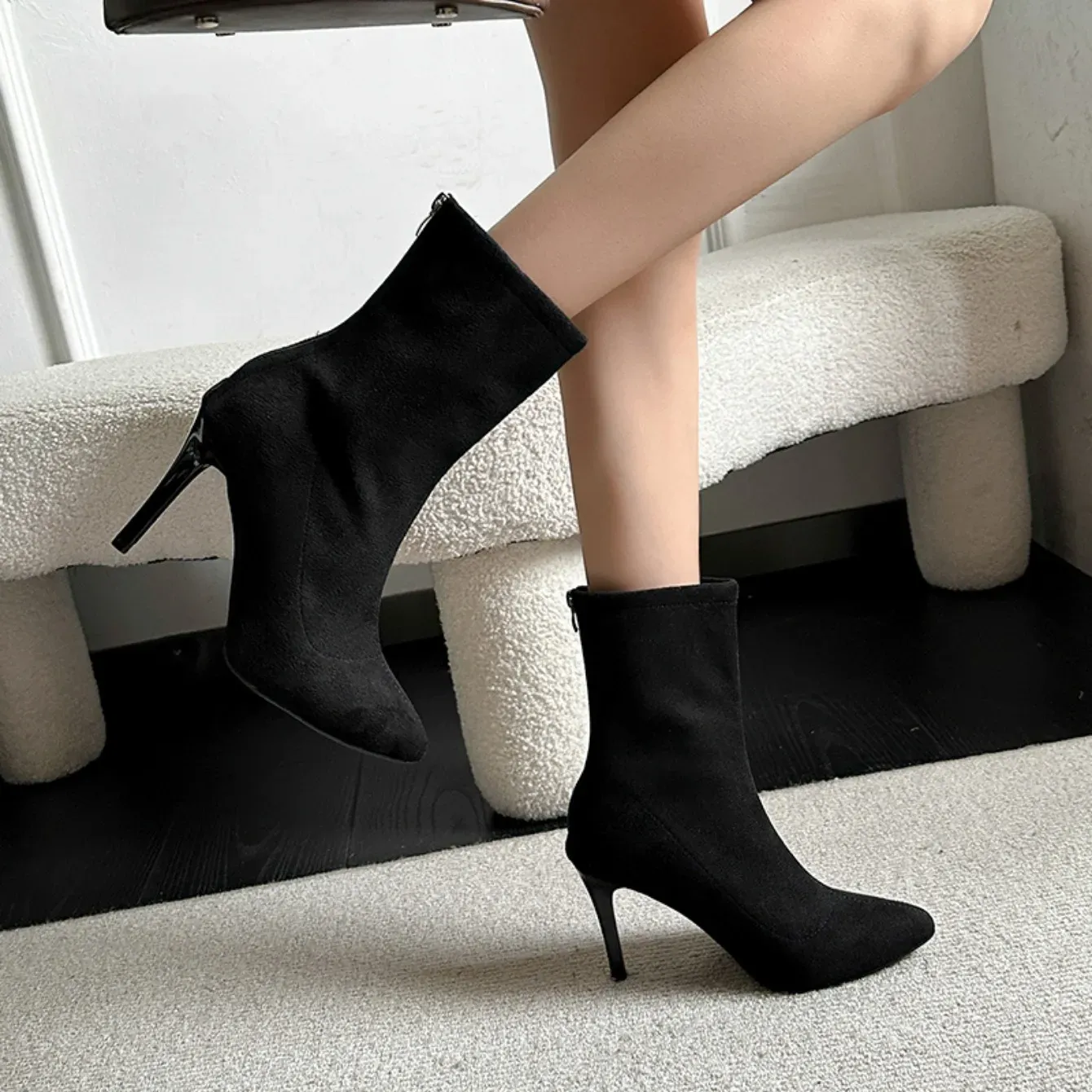Casual Shoes Women's High Heels 2024 Autumn And Winter Warm Pointed Toe Back Zipper Stiletto Heel Short Boots_voghion.com