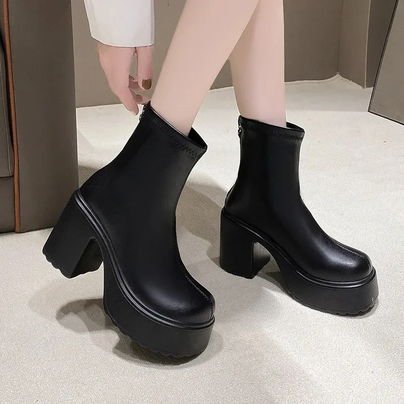 PU Leather Chunky Platform Ankle Women Back Zipper Thick Heeled Short Boots Woman Super High Heels Black Punk Shoes_voghion.com