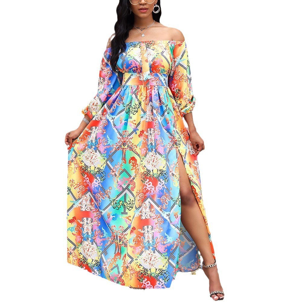 Dress Printed V-neck Retro Long Sleeve Swing Slit Long Dress_voghion.com