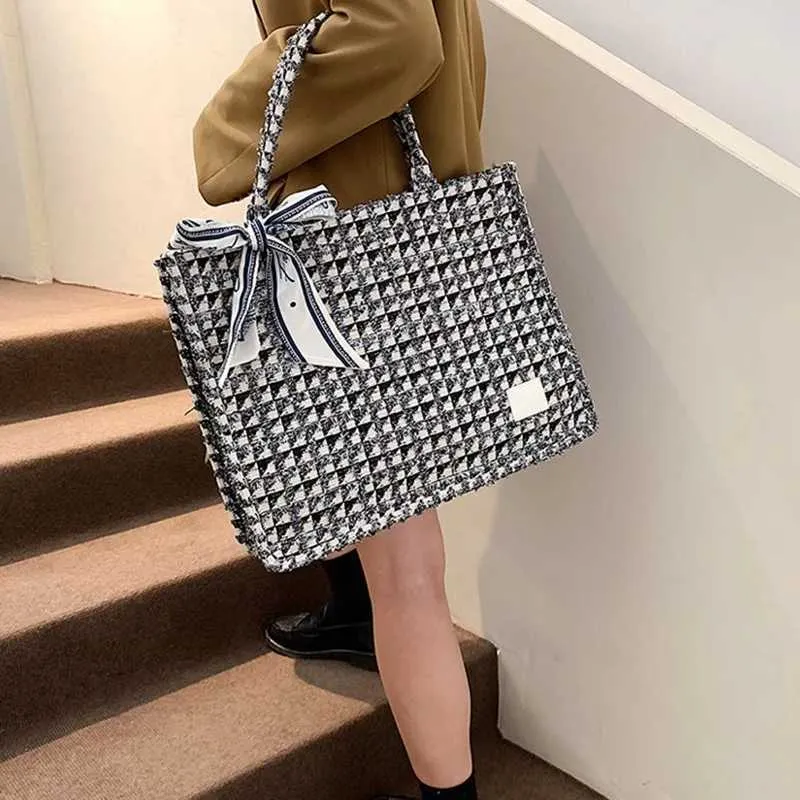 Sacola feminina Lattice Tote Premium Texture Square Bags Work Class Commuter Canvas Computer HandbagsC241210_voghion.com