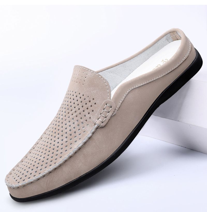 Sommer Slipper Halbschuhe für Herren Leder Slipper Casual Pantoletten Atmungsaktiv Bequeme Halbschuhe Mokassins Gelb Schwarz Beige_voghion.com