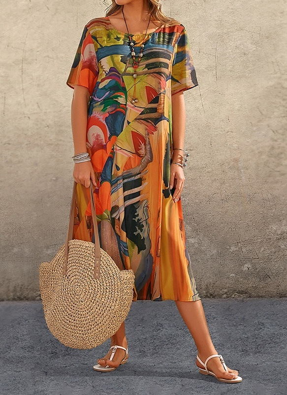  Robe imprimée décontractée pour femmes, manches courtes, taille, col rond, robe de plage ample, été_voghion.com