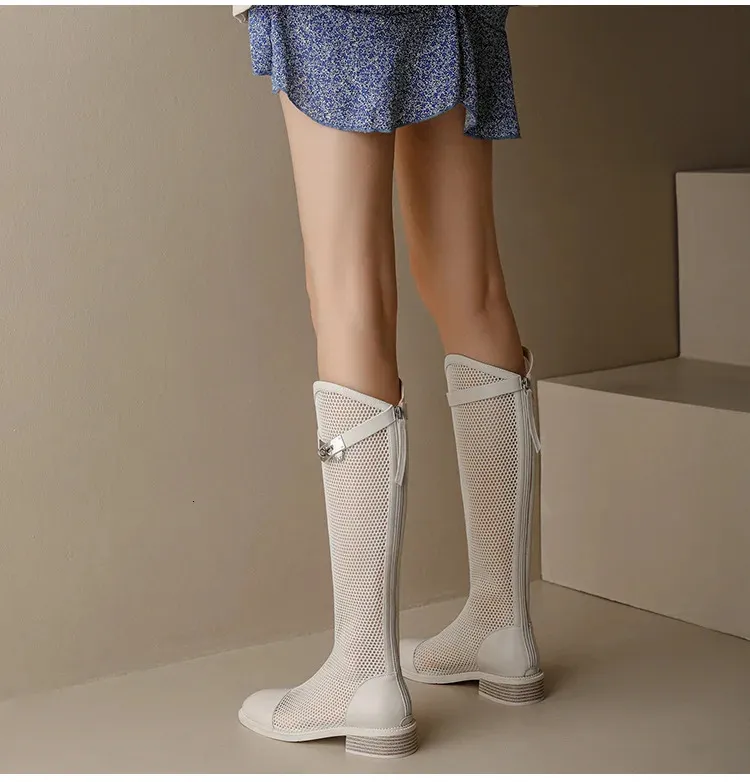 Breathable Leather Mesh Long Boots For Women Fashionable Sandals_voghion.com