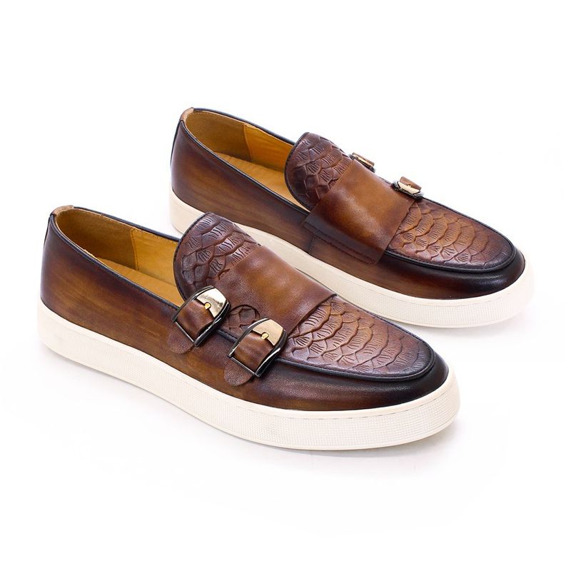 Men's double buckle casual genuine leather loafers men's comfortable flat shoes daily versatile slip on_voghion.com