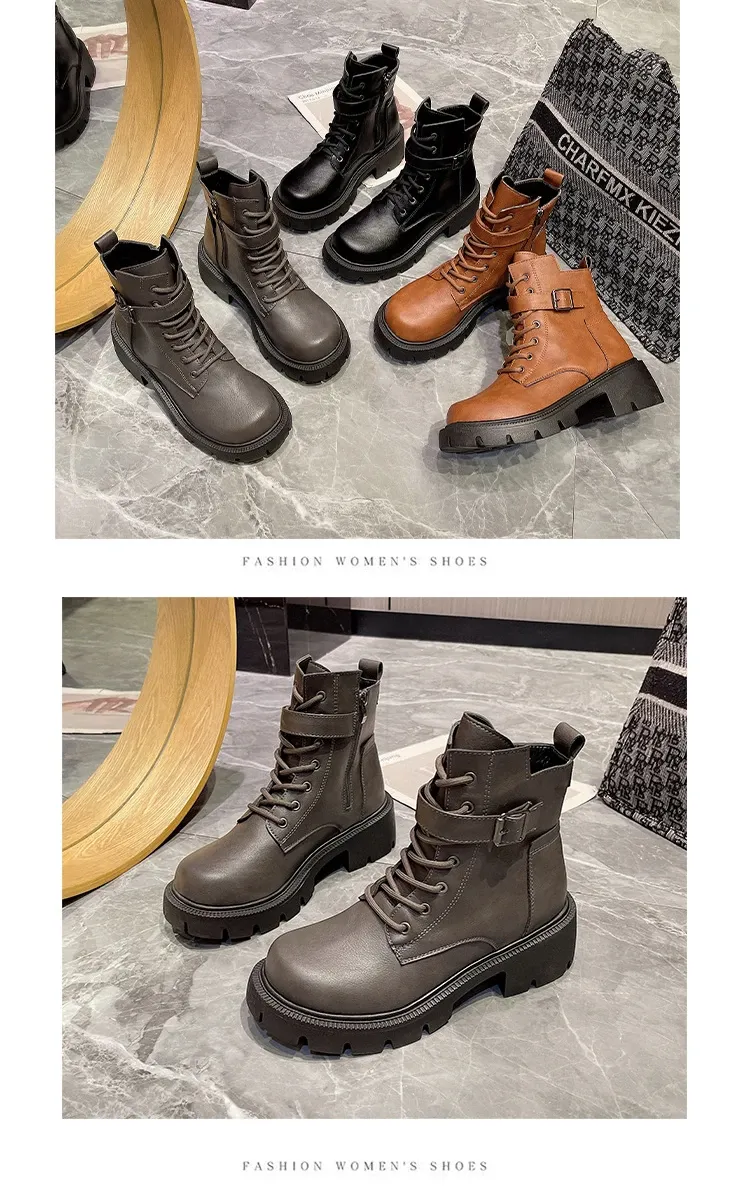 Botas cortas estilo británico para mujer, nuevas, de otoño/invierno, con cordones y cremallera, estilo motociclista, estilo retro, talla 43_voghion.com