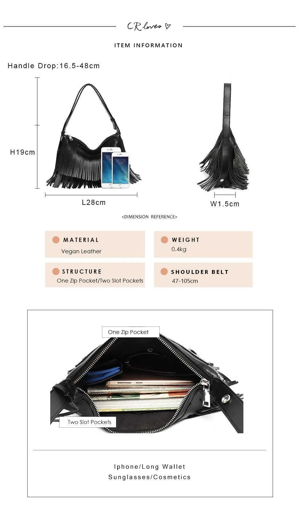 CEZIRA Bohemia Quaste Fransen Ladi Seitentaschen Veganes Leder Stilvolle Designer Mädchen Kleine Umhängetasche Reißverschluss Umschlag Clutch_voghion.com