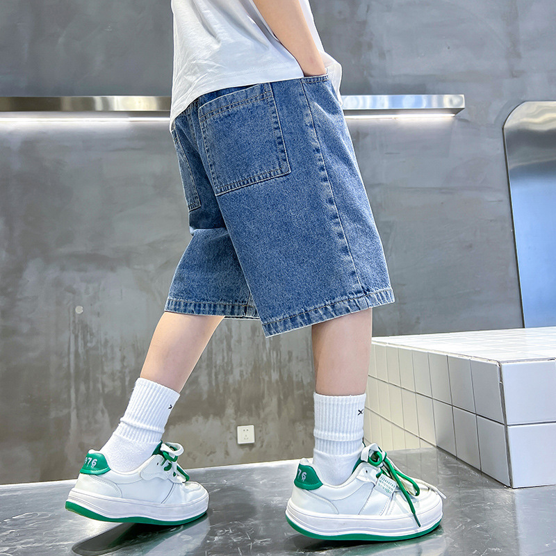 Pantaloni scurți din denim pentru băieți la modă, vara 2024, ediție coreeană nouă, la modă, mărime medie, pantaloni lungi pentru copii_voghion.com