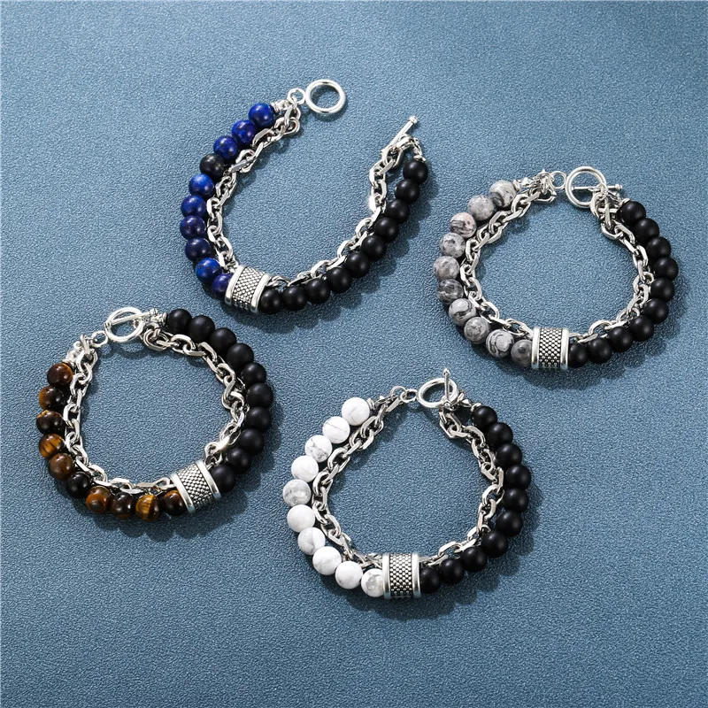 Stone Beaded Chain Bracelet With Tiger Eye And Howlite Marble_voghion.com