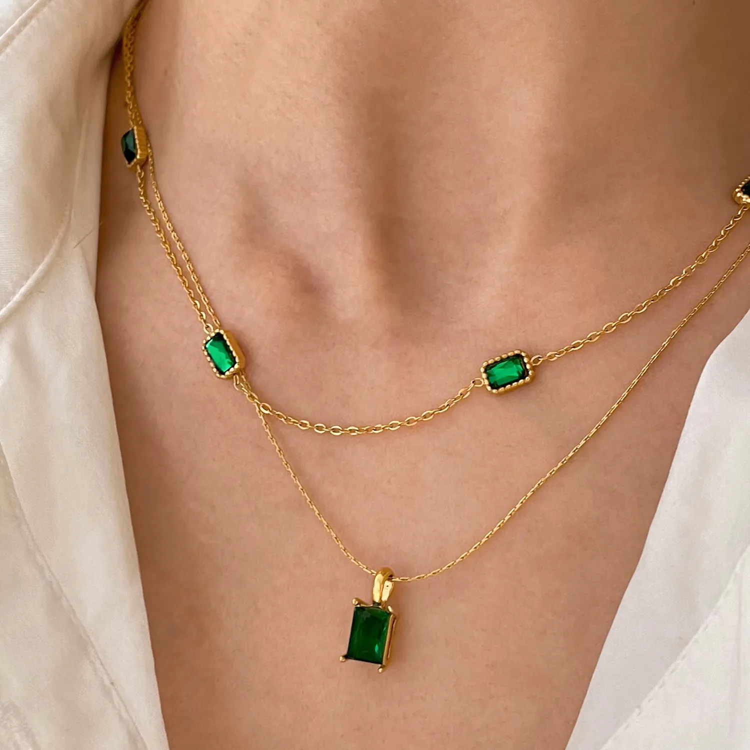 Catene Uworld Dainty 14k placcato oro gioielli verde zircone cubico collana in acciaio inossidabile rettangolo girocollo per le donne_voghion.com