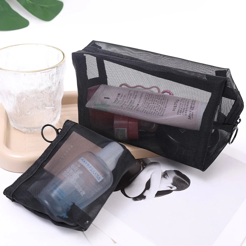 Sacs à cosmétiques transparents en maille 3 tailles, petit et grand sac de maquillage noir, organisateur de toilette de voyage Portable, rangement de rouge à lèvres_voghion.com