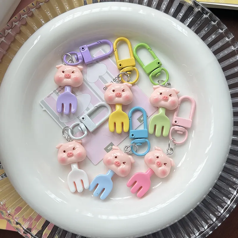 Kawaii Cartoon Piggy Fork Keychain Cute Animal Keyring Lovely Resin Key Holder School Pendant Bag Backpack Ornament_voghion.com