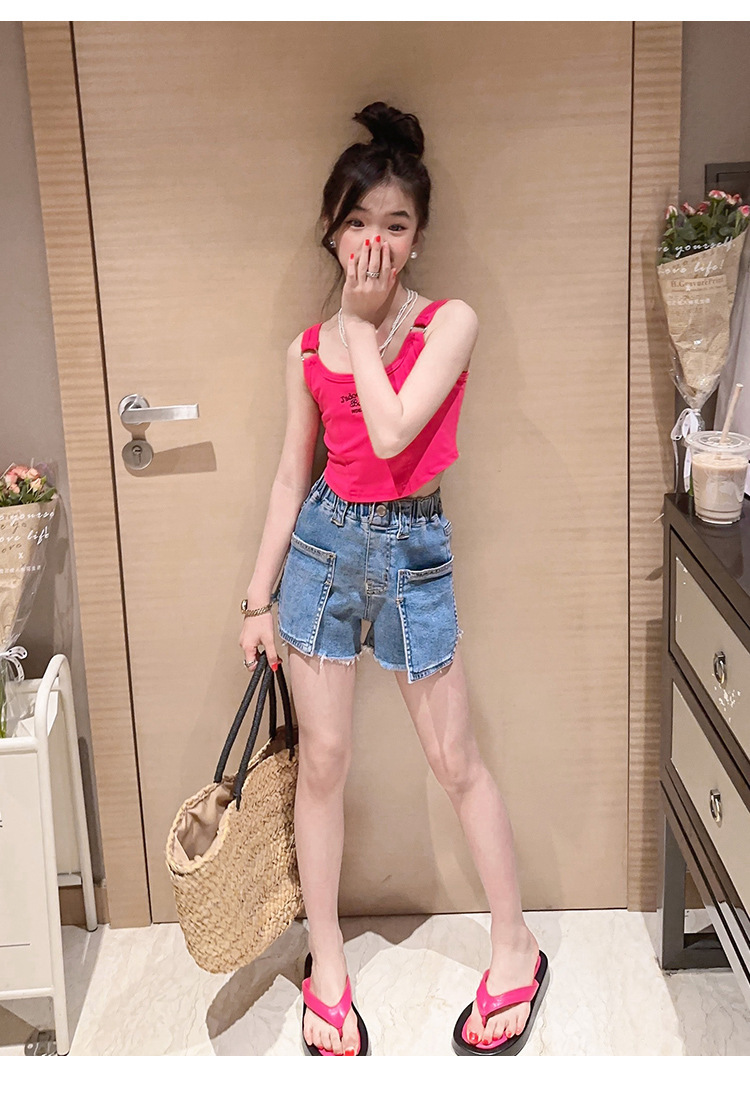 Mutter & Kinder Mädchen sommer chic neckholder-hipster kinder sommer lässig brief denim shorts Spice Girls zwei-stück set_voghion.com