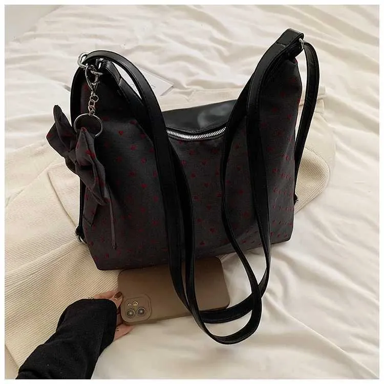 Vintage Women Canvas Backpacks Hearts Print Casual Crossbody Large Capacity Tote Packs Versatile Female Shoulder Bag_voghion.com